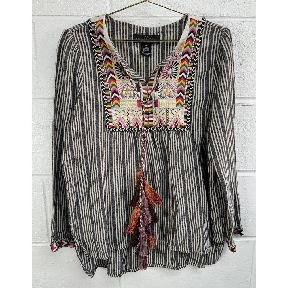 Brandon‎ Thomas Blouse Black White Striped Tassel Boho / Women's Medium